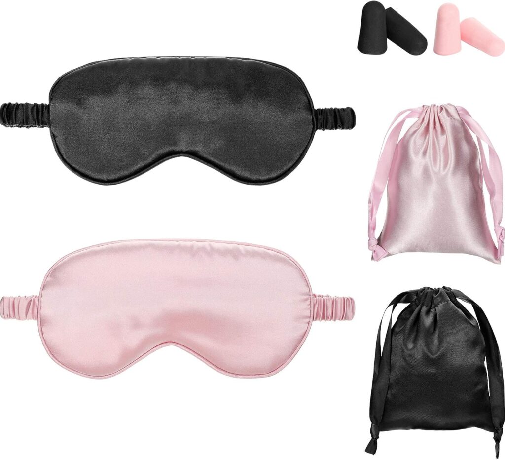 Silk Satin Sleeping Mask Eye Mask Set Include 2 Blindfold Eyeshade Elastic Strap Double Layer Silk Filling Eye Cover 2 Ear Plugs 2 Storage Bags for Women and Men Sleep Travel Nap (Black, Pink)