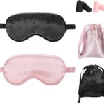 Silk Satin Sleeping Mask Eye Mask Set Include 2 Blindfold Eyeshade Elastic Strap Double Layer Silk Filling Eye Cover 2 Ear Plugs 2 Storage Bags for Women and Men Sleep Travel Nap (Black, Pink)