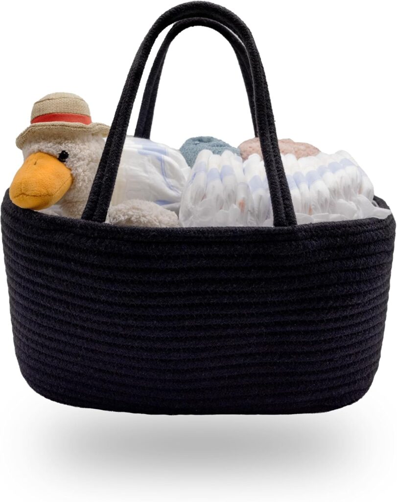 Baby Diaper Caddy Organizer, Cotton Rope Diaper Caddy Basket – Large Nursery Storage Bin for Baby Essentials, Portable Holder Tote Bag for Change Table, Newborn Registry Must-Have