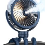 Portable Stroller Fan with Misting Function, Navy Blue, Flexible Tripod Mount, 120ml Water Tank, Cooling Spray for Baby