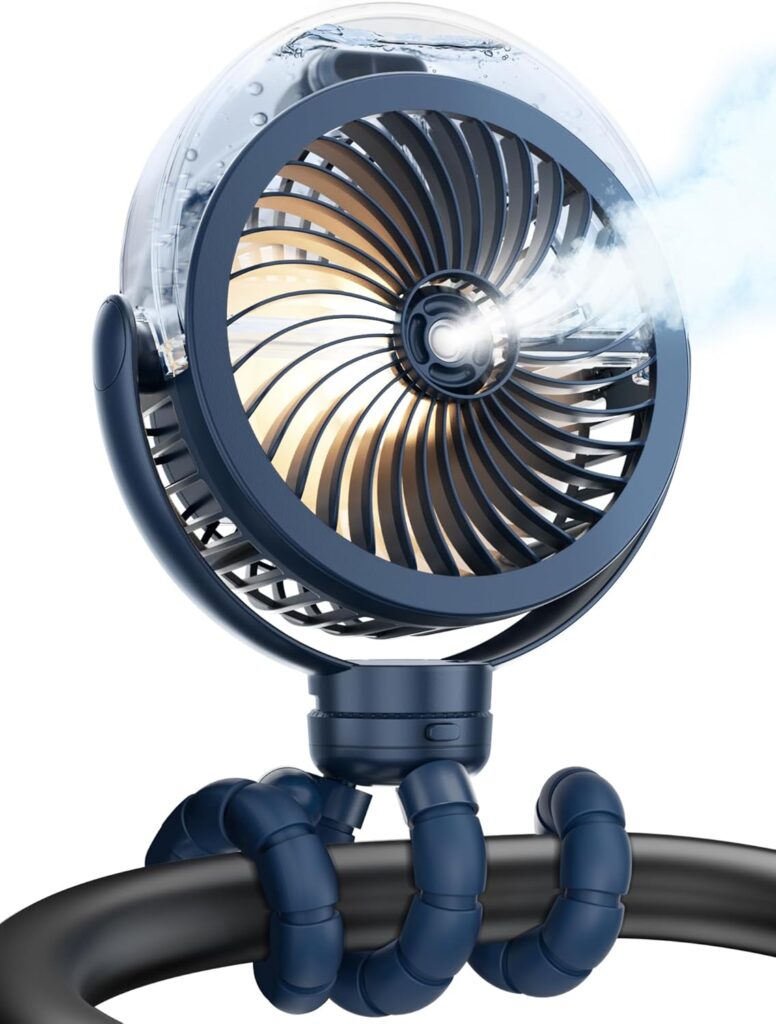 Portable Stroller Fan with Misting Function, Navy Blue, Flexible Tripod Mount, 120ml Water Tank, Cooling Spray for Baby