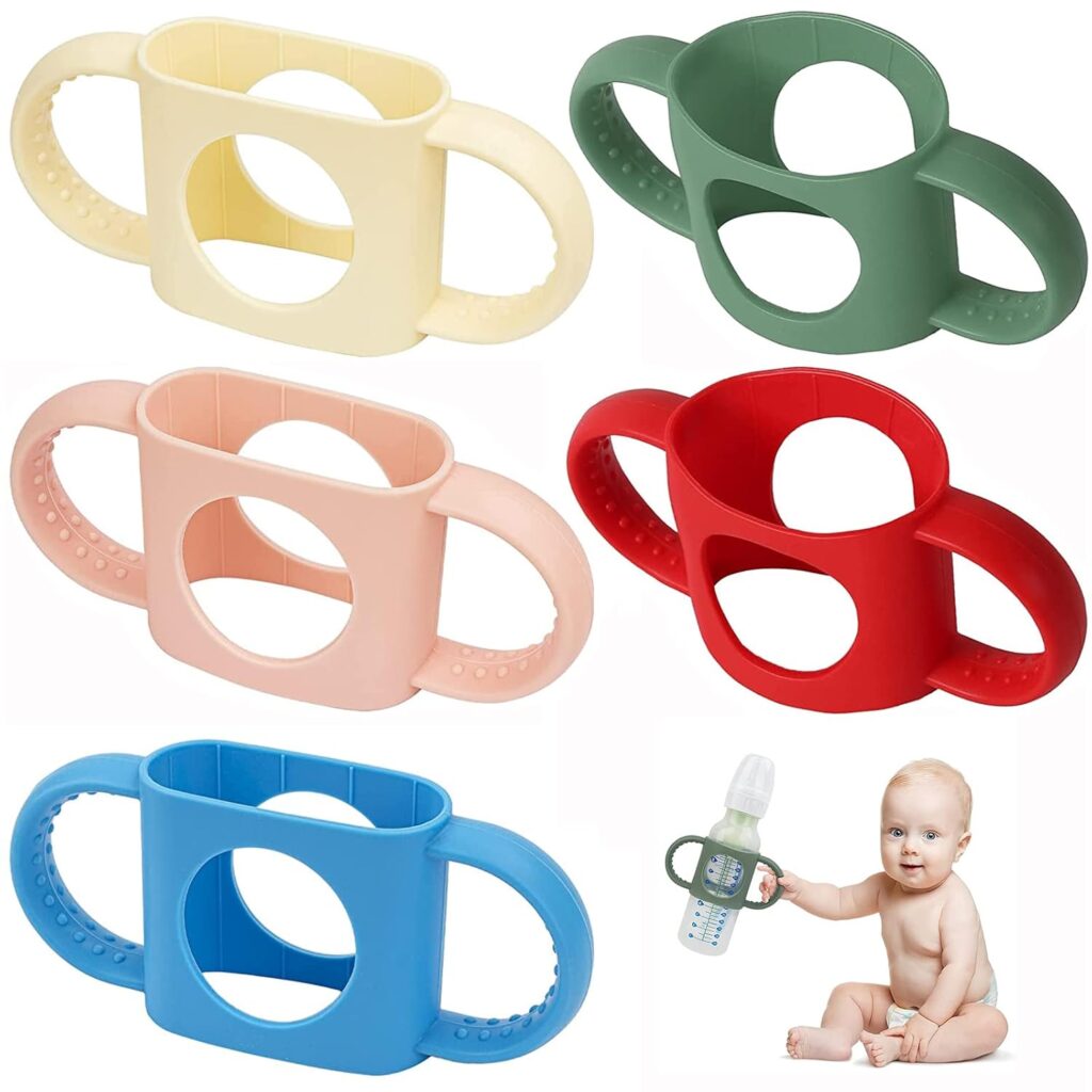 5 Pack Baby Bottle Holders, Universal Fit with Easy Grip Silicone Handles – BPA-Free, 5 Colors
