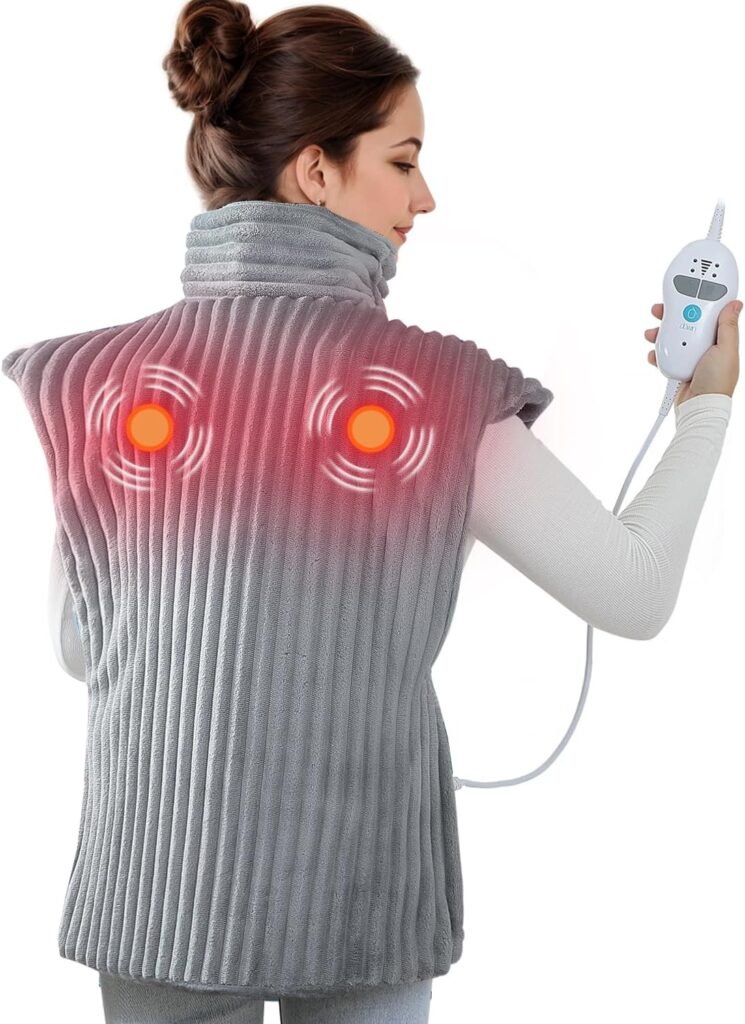 Dowin Massaging Heating Pad for Neck and Shoulders,Wearable Heating Pads for Back Pain Relief,Auto-Shut Off, 2 Heat Settings Heating Pad Wrap with Massager,Machine Washable,24 x35inch Grey