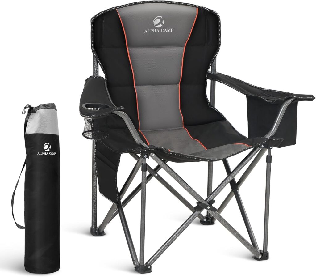 LET’S CAMP Folding Camping Chair Oversized Heavy Duty Padded Outdoor Chair with Cup Holder Storage and Cooler Bag, 450 LBS Weight Capacity, Thicken 600D Oxford