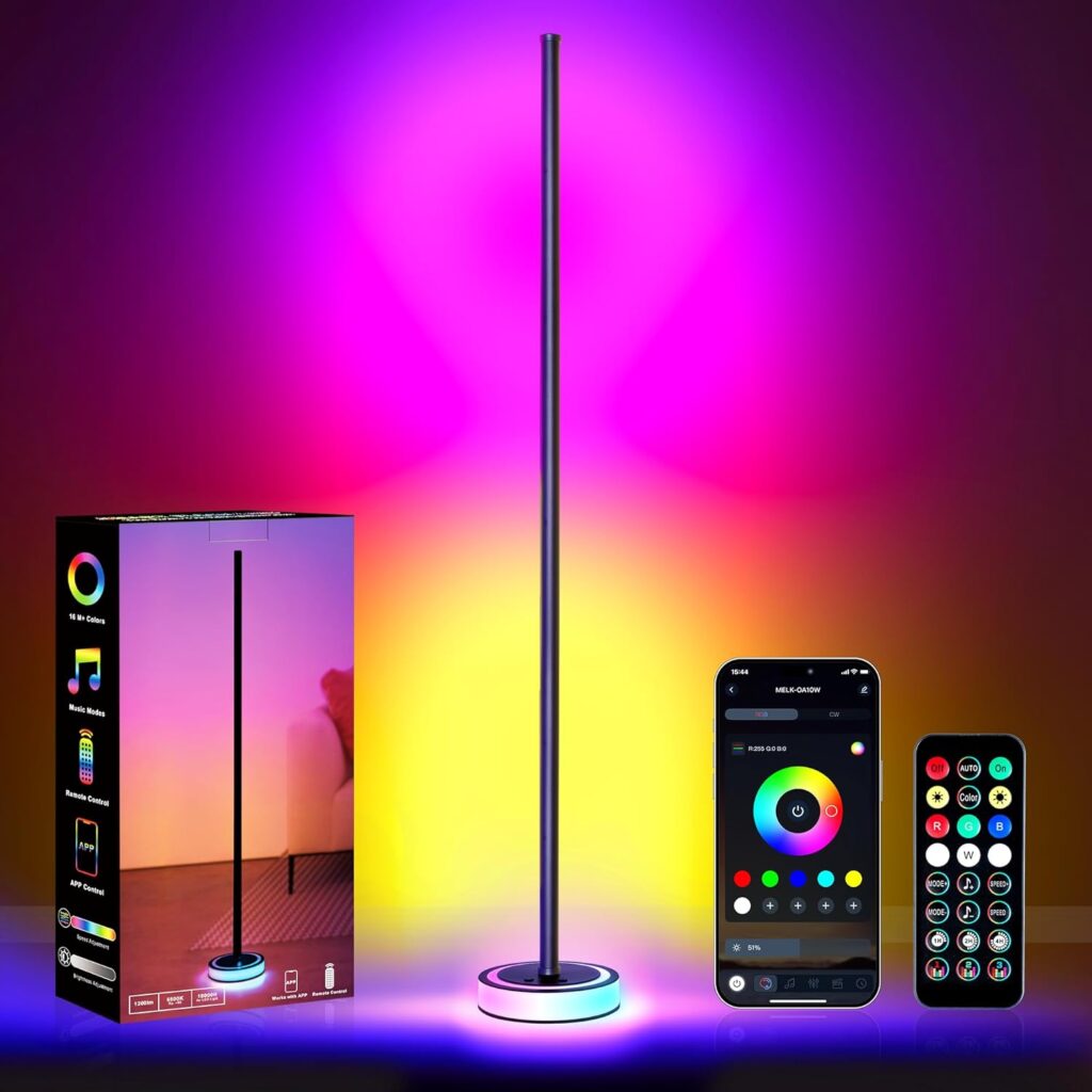 Corner Floor Lamp – Smart RGBICW LED Corner Lamp with App & Remote Control, 16 Million DIY Colors & 68+ Scene, Music Sync, Timer Setting, Modern Floor Lamp for Bedroom, Gaming Room, Room Decor
