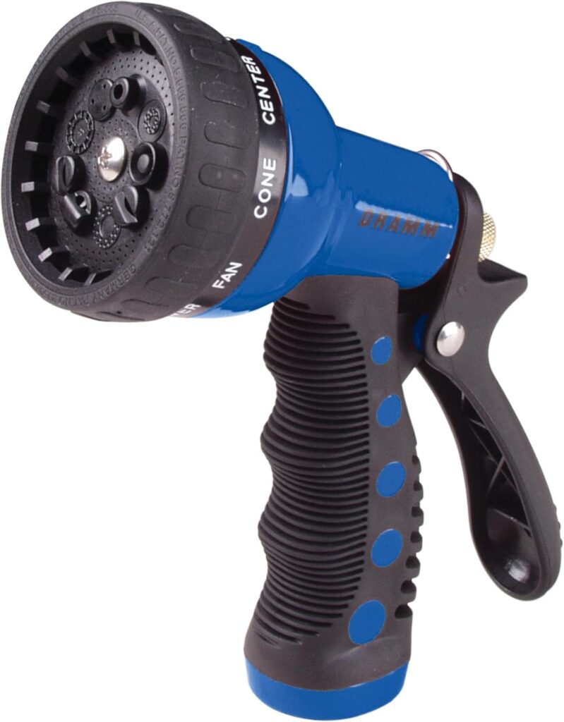Dramm® Revolver Heavy Duty 9-Pattern Garden Hose Nozzle – Adjustable Metal Spray Gun with Thumb-Control Flow & Ergonomic Grip – Blue