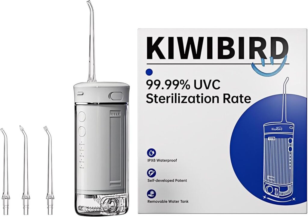 KIWIBIRD Mini Water Flosser for Travel, Ultra-Portable Cordless Oral Irrigator with UVC Light, IPX8 Waterproof 3 Modes, 230mL Teeth Cleaner for Tonsil Stones & Braces Care – Home & Travel (Grey)