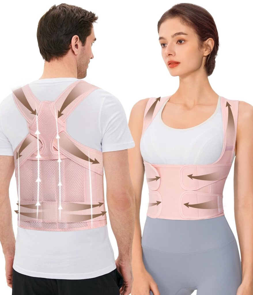 URSEXYLY Back Brace Posture Corrector for Women and Men, Breathable Shoulder Brace, Upper and Lower Back Pain Relief, Adjustable Full Back Support(X-Large,Pink)