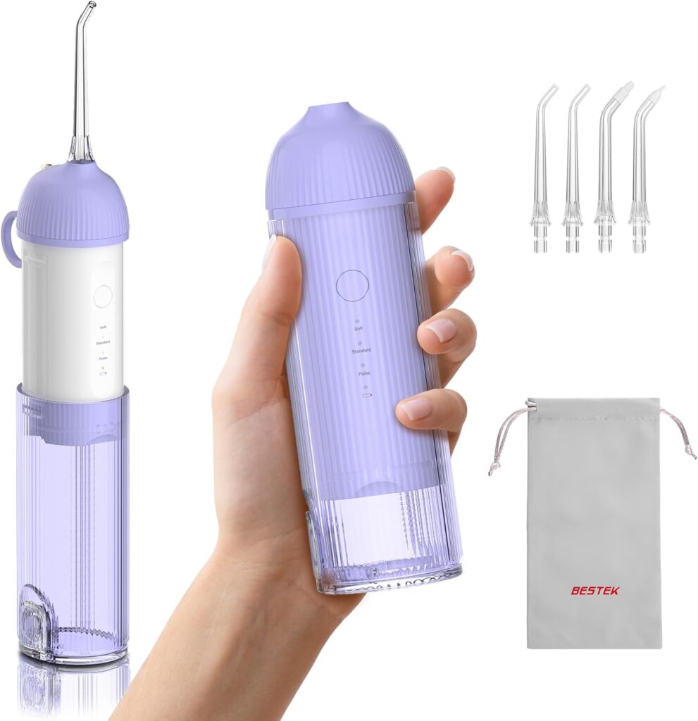 BESTEK Water Dental Flosser Teeth Pick: Cordless Portable Oral Irrigator with 4 Jet Tips, Rechargeable IPX7 Waterproof Water Flosser for Teeth, Gums, Braces Care and Travel – Violet