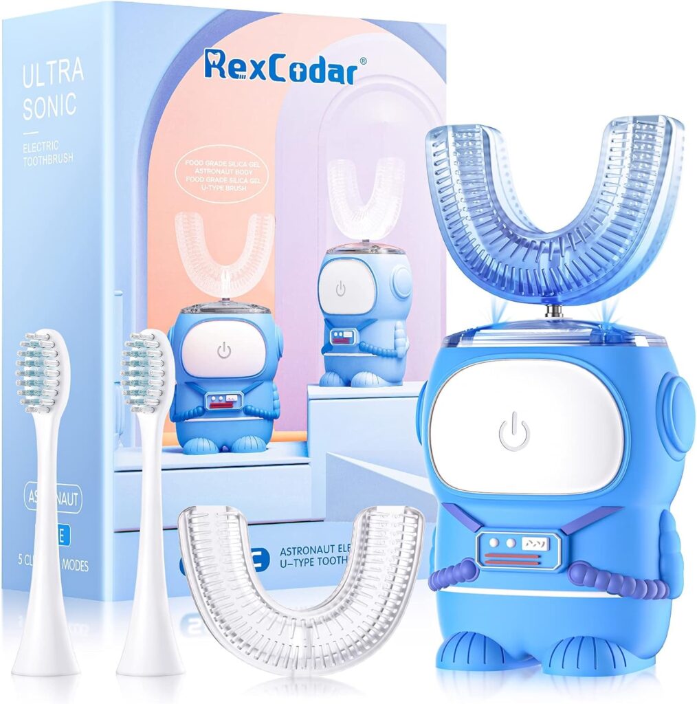 RexCodar Ultrasonic Kid’s U-Shaped Electric Toothbrush, IPX7 Waterproof, Five Cleaning Modes, 60S Smart Reminder (Blue Ages 6-12)