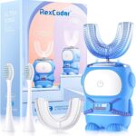 RexCodar Ultrasonic Kid’s U-Shaped Electric Toothbrush, IPX7 Waterproof, Five Cleaning Modes, 60S Smart Reminder (Blue Ages 6-12)