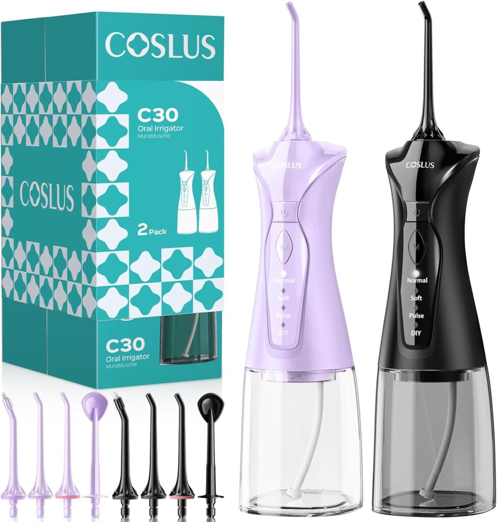 COSLUS 2-Pack Water Flosser for Teeth: Water Dental Pick Set with Refined Packaging for Couples Friends, 3 Modes & 8 DIY Levels for Sensitive Gums & Braces, Ideal for Family Sharing, Black & Purple