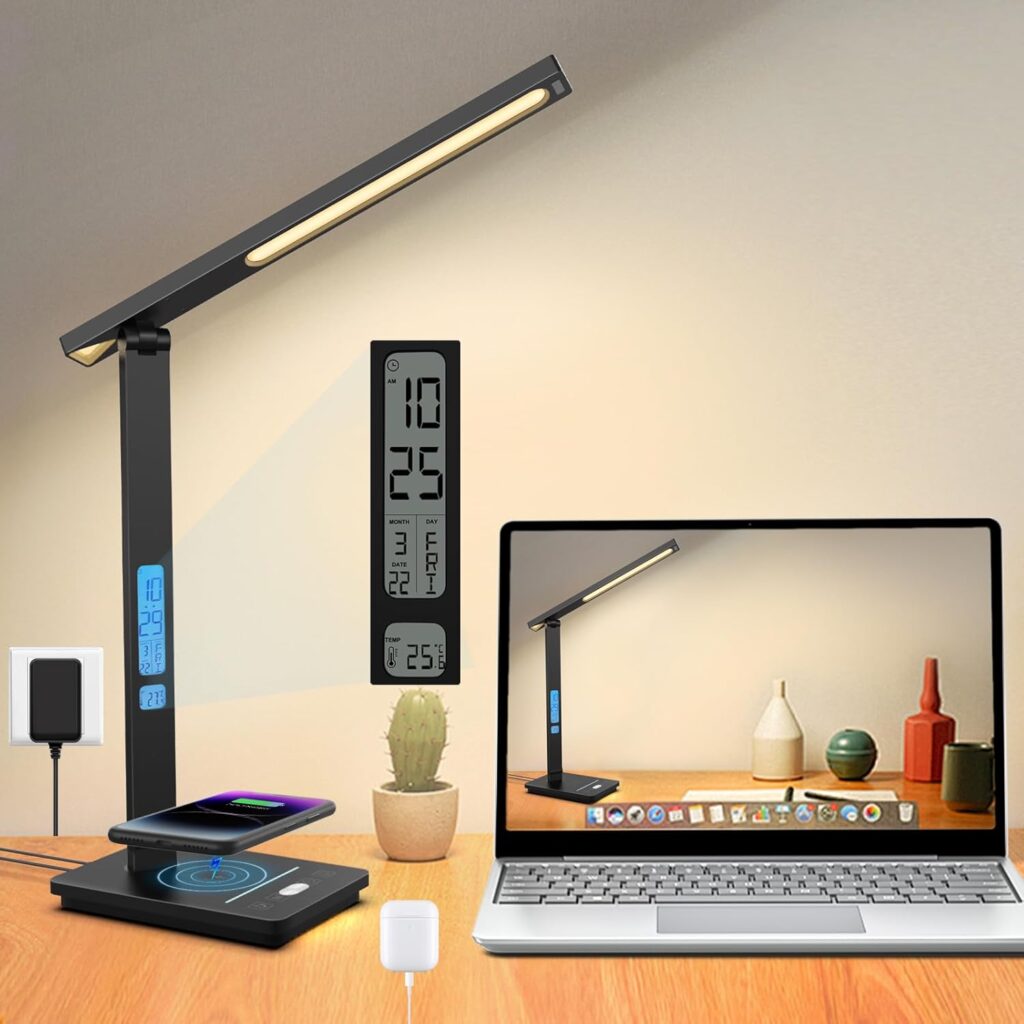 10 in 1 Smart Desk Lamp Led, Desk Light for Colleage Drom Room Office, Eye-Caring Table Lamp with Night Light, Lamp for Desk with 10W Wireless Charger, Dimmable Touch Lamp, Birthday Gifts for Women