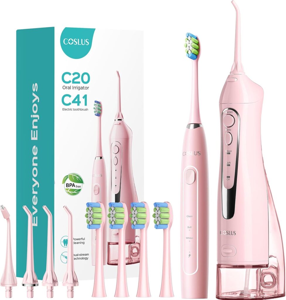 COSLUS Portable Water Flosser with Electric Toothbrush Combo: 2-in-1 Oral Clean Kit for Teeth, Braces, Gums Care – Brushing & Flossing for Adults, Family, Travel Use, BPA-Free, Black, C20 & C41