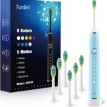 7AM2M Sonic Electric Toothbrush with 6 Brush Heads for Adults&Kids, One Charge for 120 Days, Wireless Fast Charge, 5 Modes, 40000VPM Powered Toothbrush, 2 Minutes Built in Smart Timer (Light Blue)