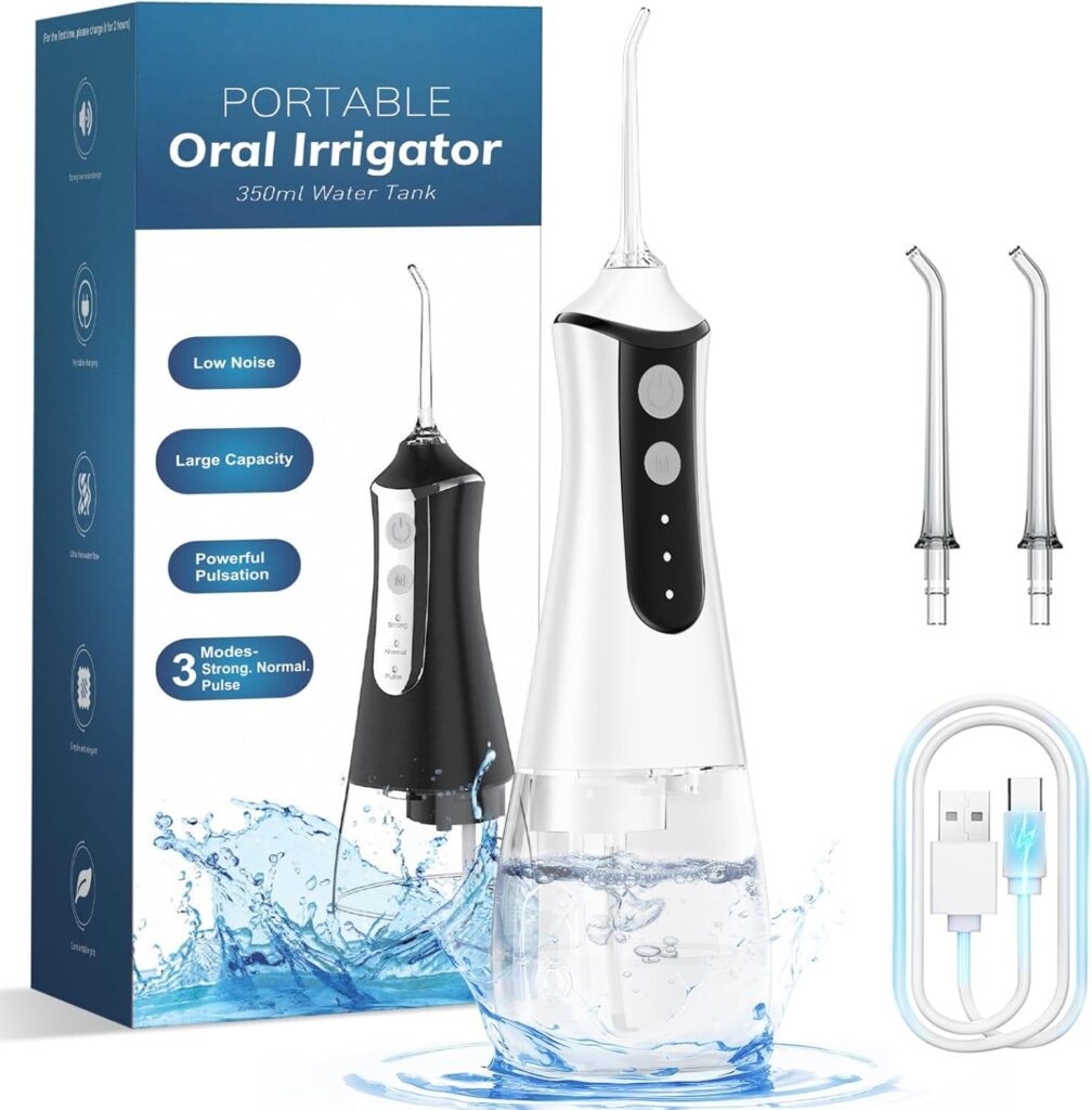 Water Flosser & Dental Pick for Teeth – 350ML Portable Oral Irrigator Tank Removable IPX7 Waterproof Home Travel Teeth Cleaner Professional Electric Flossing Machine (White)