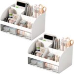 Desk Organizer with 6 Compartments and 2 Drawers, Plastic Makeup Organizer, Pen Holder for Desktop Storage, Desk Organization for School, Home, Office Supplies (White-2Pack)