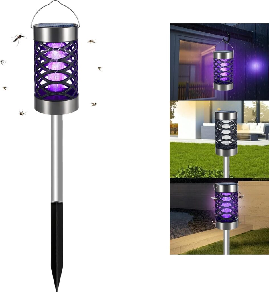 Solar Bug Zapper Outdoor, 2-in-1 LED Mosquito Repellent Lamp Stake & Lighting Waterproof, Purple & White Light, Flying Insect Zapper for Camping Home Patio Yard Garden Pathway Backyard