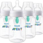 Philips Avent Anti-Colic Baby Bottle with AirFree Vent, 9oz, with Flow 2 Nipples, 1m+, 4pk, Clear, SCY703/04
