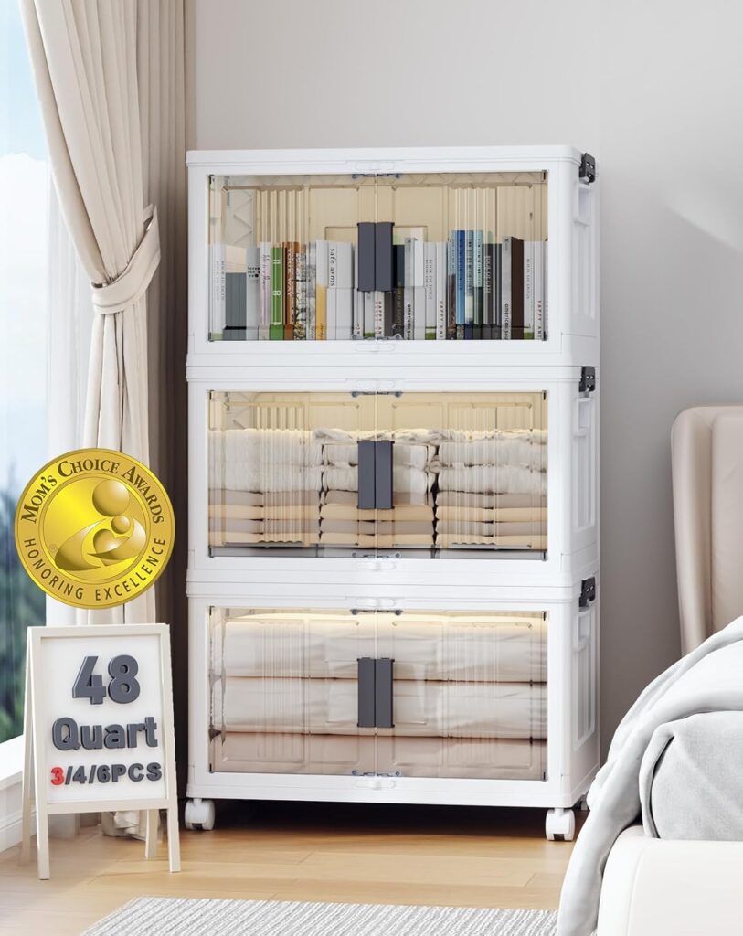 OlarHike 144QT Lockable Storage Bins with Lids – Folding Storage box with Doors and Wheels, Collapsible Plastic Storage Bins for Closets, Stackable Storage Organizer, Storage Containers, 3 Pack Cubes