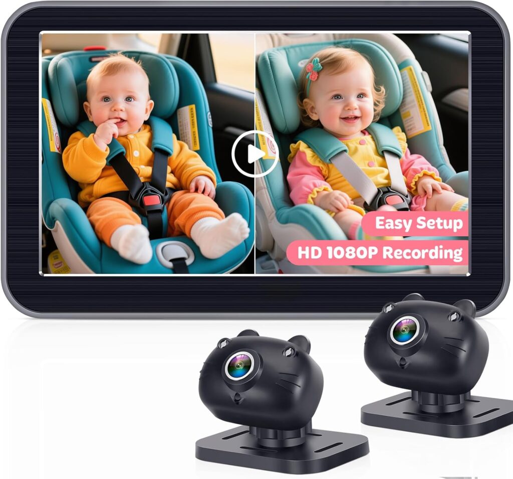 2-Kids Baby Car Camera Recording: HD 1080P Dual Backseat Cameras with 7” Split-Screen Display – Night Vision, 360° Rotation, Easy Installion for Twins & Siblings