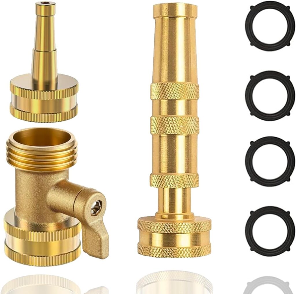 Heavy-duty brass hose nozzle 3-piece set,adjustable nozzle spray, with valve control, suitable for gardens, lawns, car cleaning and terraces | additional 4 anti-gaskets