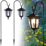 Dynaming 2 Pack Solar Hanging Lights Outdoor, Solar Powered Garden Decorative Lanterns with 2 x 38 Inch Shepherd Hooks, Waterproof Landscape Lighting for Lawn Patio Yard Pathway Driveway, Warm White