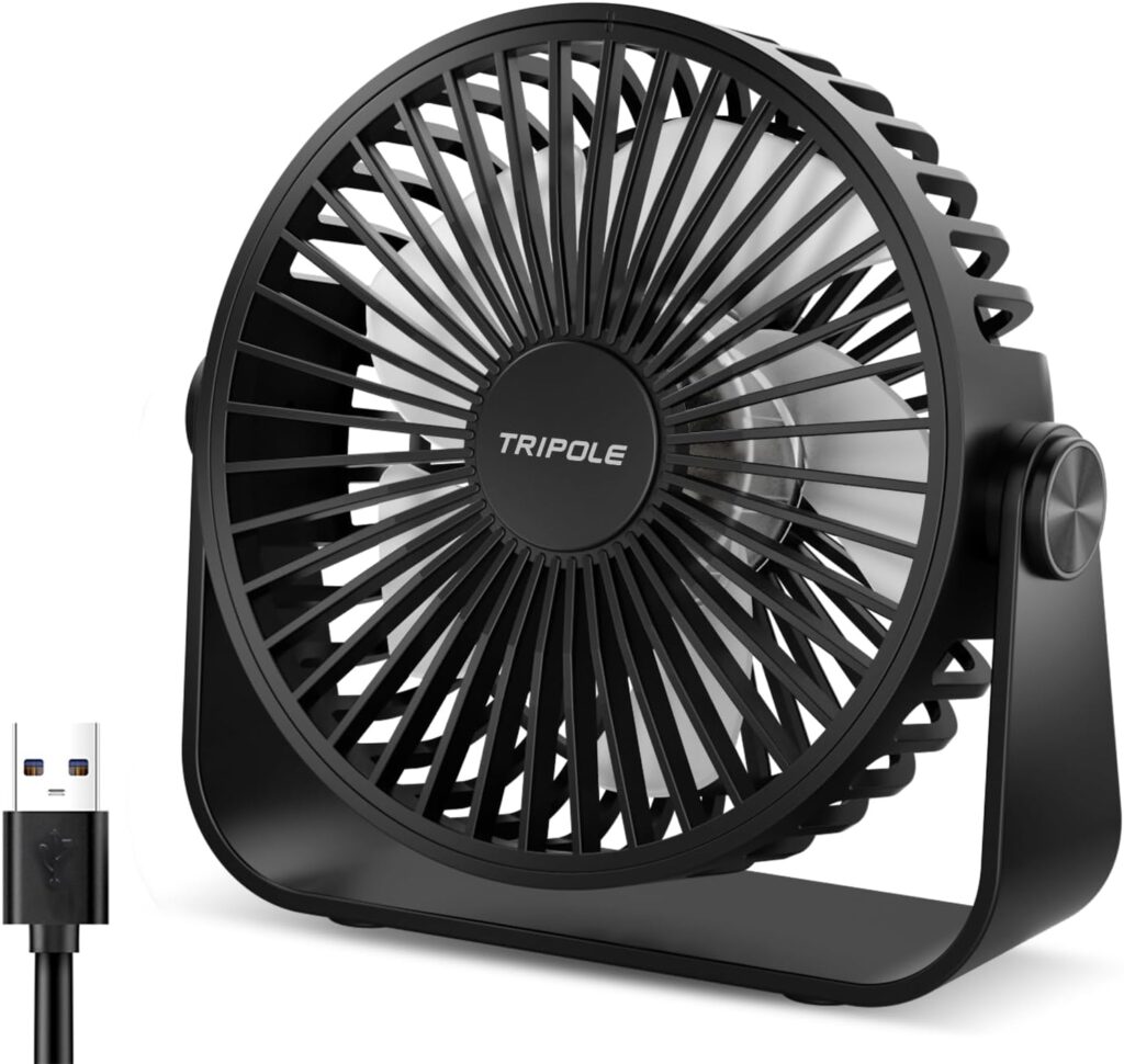 TriPole USB Desk Fan 4.5 Inches Portable Mini Fan Powerful 3 Speeds Wind Personal Desktop Fan with 360° Head Rotation for Home Office Car Indoor Outdoor Black, No Battery