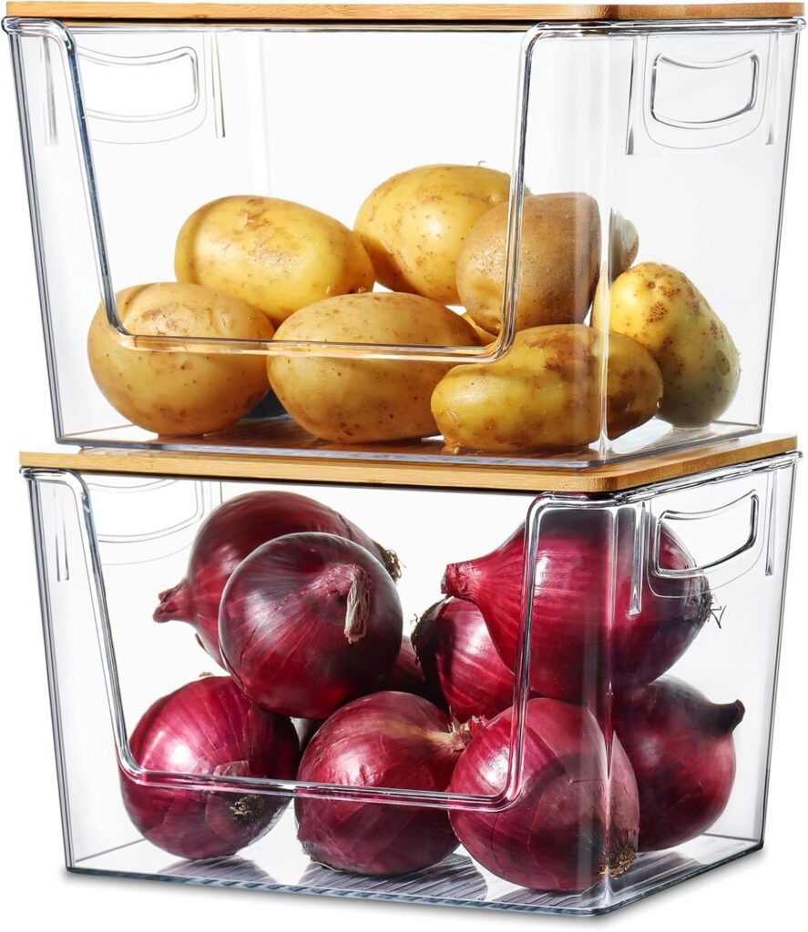 Pantry Organizers Storage, 2 Pack Stackable Kitchen Counter Bins for Onion Potato Garlic, Fruit Vegetable Produce Storage Space-Saving Countertop Organizer (12″ x 7″ x7″)
