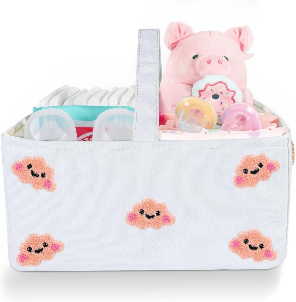 Baby Diaper Caddy Organizer with Handle – Durable Canvas Storage Basket with Cloud Embroidery, Portable Nursery Organizer for Newborn Essentials, Diaper Travel Bag, Baby Shower Basket-Pink