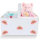Baby Diaper Caddy Organizer with Handle – Durable Canvas Storage Basket with Cloud Embroidery, Portable Nursery Organizer for Newborn Essentials, Diaper Travel Bag, Baby Shower Basket-Pink