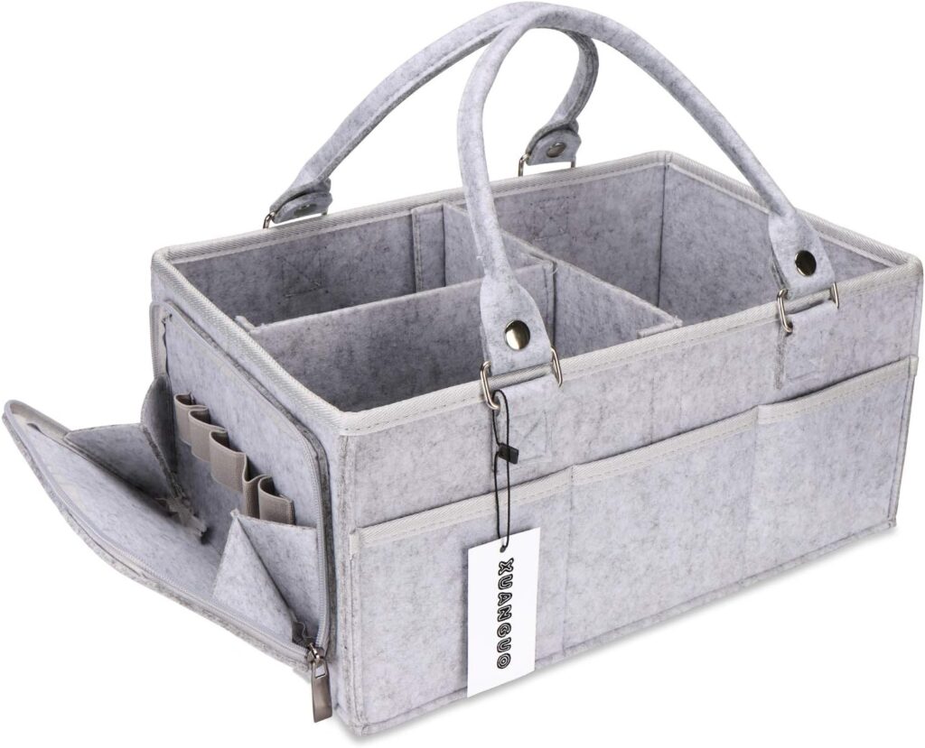 Baby Diaper Caddy Organizer with Handle – Gender Neutral Nursery Storage Bin Basket – Portable Tote Bag – Car Organizer – Newborn Essentials – Grey