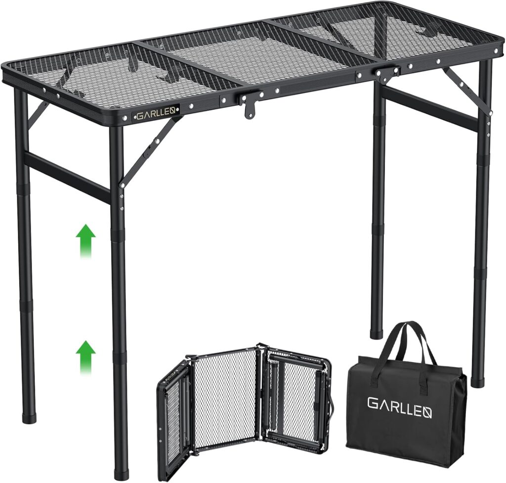 GARLLEN Folding Grill Table, 3 Adjustable Height Portable Picnic Table with Heat-Resistant Mesh Desktop, Lightweight Aluminum Camping Table for Outdoor, BBQ, Camping, 34.2″ L x 15.7″ W, Black