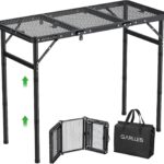 GARLLEN Folding Grill Table, 3 Adjustable Height Portable Picnic Table with Heat-Resistant Mesh Desktop, Lightweight Aluminum Camping Table for Outdoor, BBQ, Camping, 34.2″ L x 15.7″ W, Black