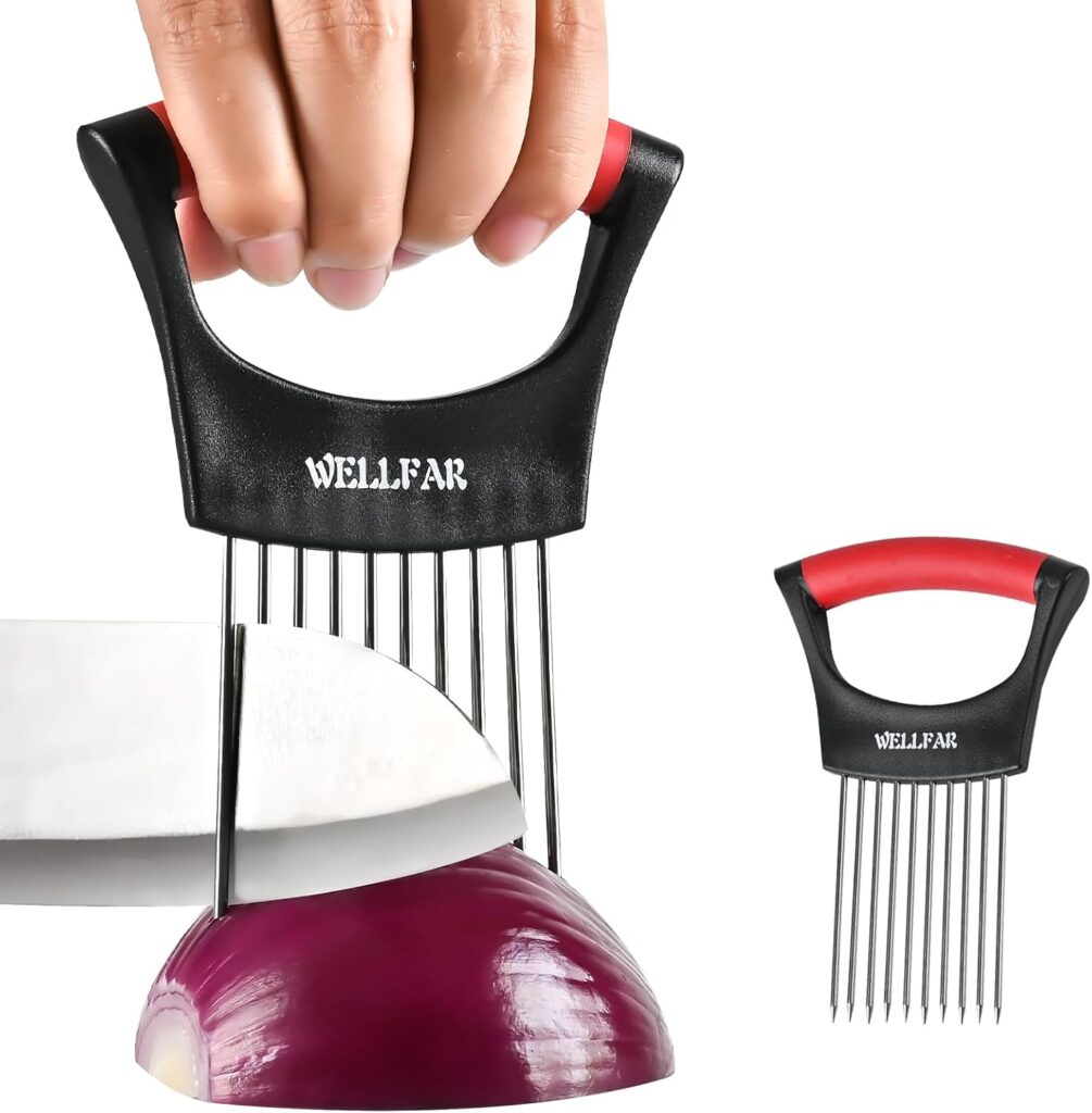 【2 PCS】Onion Slicer Holder – Onion Holder for Slicing, Vegetable Chopper & Cutter Tool for Potato, Lemon, Tomatoes, Stainless Steel Kitchen Gadget with Guide Rack, Meat Prep & Food Essentials.