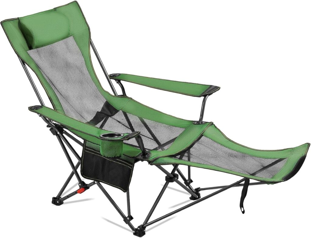 VEVOR Reclining Camping Chair, 4 Adjustable Positions, Portable Folding Lounger for Adults, Mesh Beach Chair with Headrest & Foot Rest, Supports 220 lbs, Heavy Duty Camp Chairs for Patio, Green