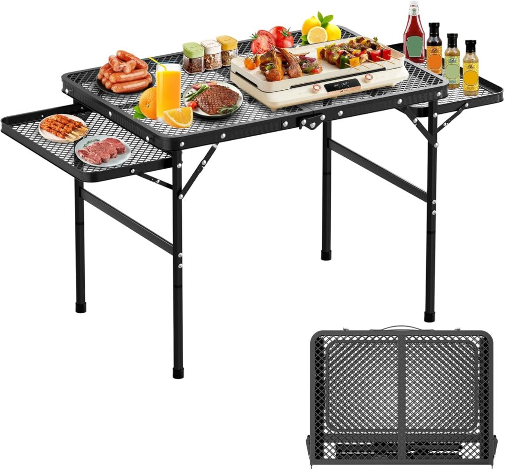 Folding Camping Table with 2 Extra Desktop, Height Adjustable Portable Grill Table, Metal Outdoor Grill Table for Outside, Camping Cooking Tables for Picnic, BBQ, 53.14 x 26.6 x 23.6 inches Large Size