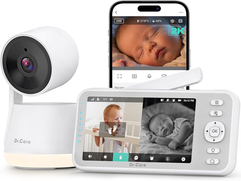 Dr.Care LumiView Smart WiFi Baby Monitor – 5″ 1080P FHD & 2K Camera App Control, Privacy Mode, 5000mAh Removable Battery,Cry & Motion Alerts, HD Night Vision, RGB Night Light, Multi-User, 1279ft Range