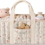 Blissful Diary Floral Diaper Caddy Organizer, Stylish Nursery Storage Basket, Gift for Baby Shower, Newborn Essentials, Floral Beige