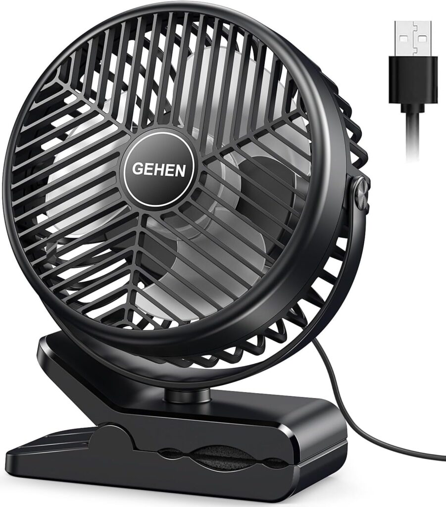 GEHEN Clip-On Fan with Sturdy Clamp, USB-Powered Fan 3-Speed, Ultra-Quiet Operation Ideal for Bedroom, Office, & Stroller