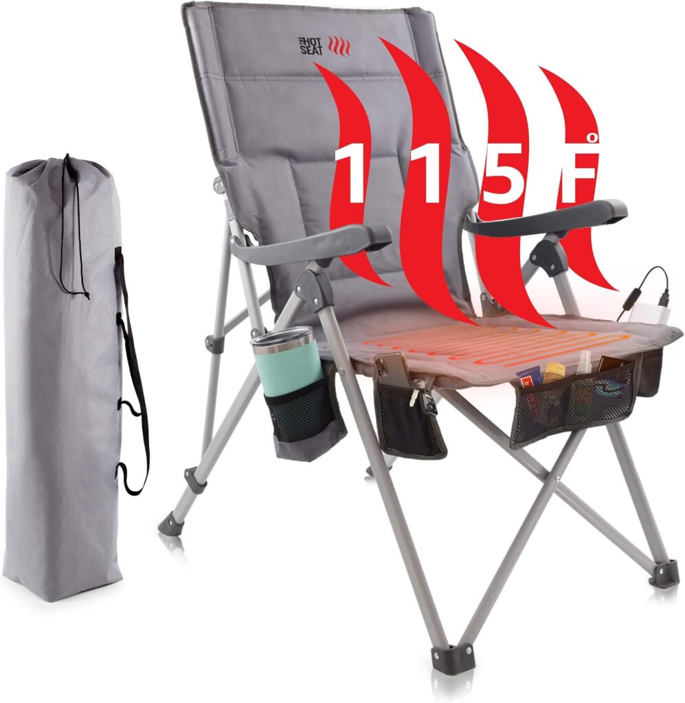 POP Design Hot Seat USB Heated Folding Camping Chair, Portable Reclining Padded Outdoor Chair w/Cup Holder, Storage Pockets, Waterproof 600D Polyester, 300 lb Capacity (Battery Not Included), 1-Pack