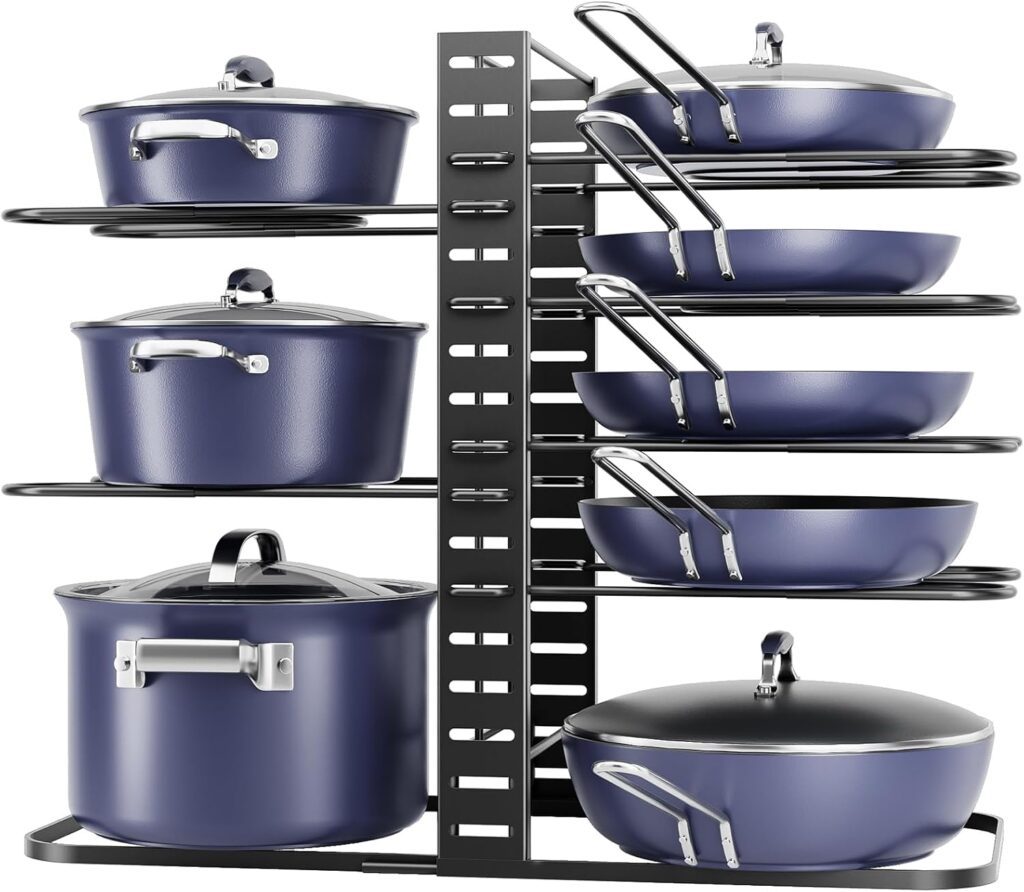 ORDORA Pots and Pans Organizer under Cabinet 14.55 Height, Adjustable 8-Tier Pot Organizers inside Cabinet, Kitchen Organizers and Storage Fit 6-11 inch Lightweight Cookware