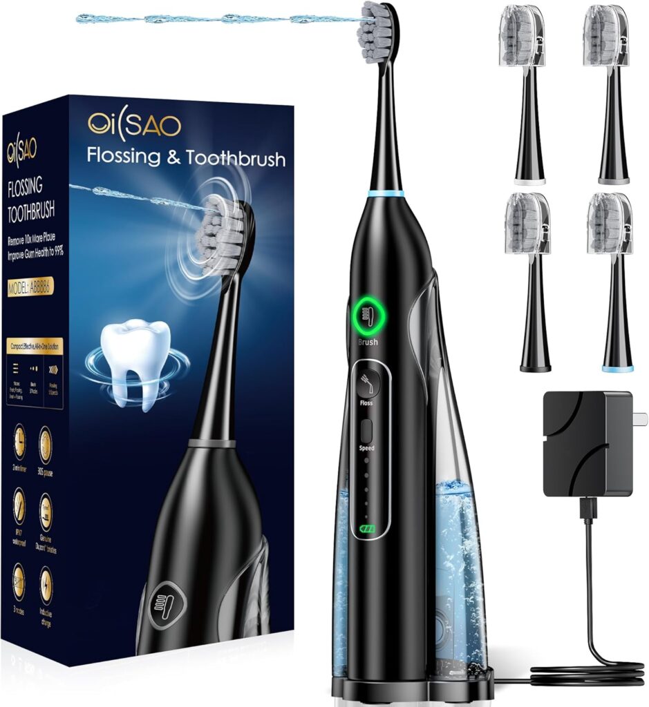 Electric Toothbrush with Water Flosser Combo, 3 Sonic Cleaning Modes, 5 Flossing Speeds, 4 Brush Heads, Portable Flossing Toothbrush for Adults Teeth Cleaning for Plaque Removal