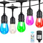 Auroraworld 48FT RGB Outdoor String Lights, Dimmable Color Changing Waterproof LED Patio Lights with Remote, 15 Shatterproof Bulbs for Porch Balcony Garden Party Decor