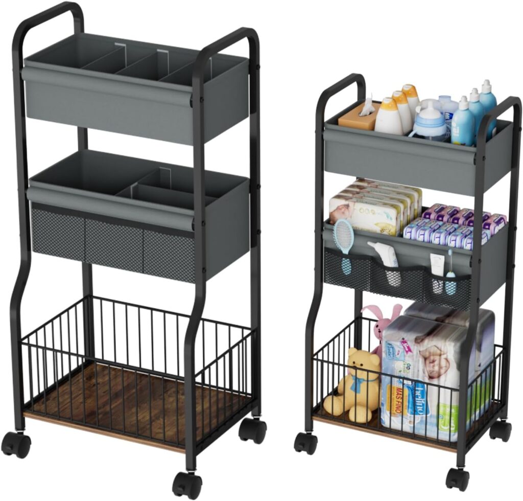 3-Tier Baby Diaper Caddy Cart Organizer, Nursery Organization with with Lockable Wheels & 4+3 Dividers, Durable Metal Utility Cart for Nursery, Bedroom, Bathroom