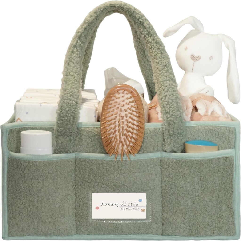 luxury little Diaper Caddy Organizer, Large Cotton Rope Nursery Baby Basket, Changing Table Organizer for Baby Diaper Storage, Portable Car Organizer with Removable Divider (Lily Green)