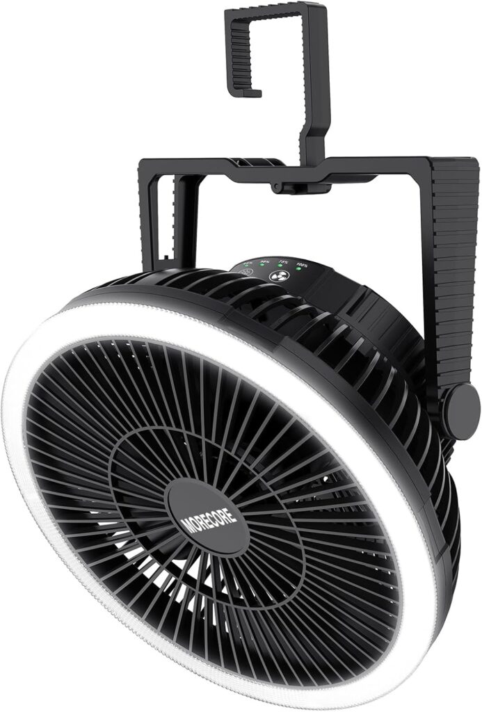 MORECORE Portable Camping Fan with LED Lantern, 24HRS Running 8inch Rechargeable Tent Fan, Powerful 3-Speed 180° Rotate with Hook, Quiet for Outdoor RV Travel Fishing Hurricane Emergency Power Outage