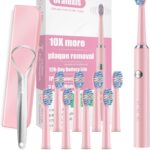Electric Toothbrush for Adults and Kids, with Tongue Scraper and 8 Brush Heads, One Fast Charge Last 120 Days, 40000 VPM Deep Clean, Sonic Travel Toothbrush – Pink