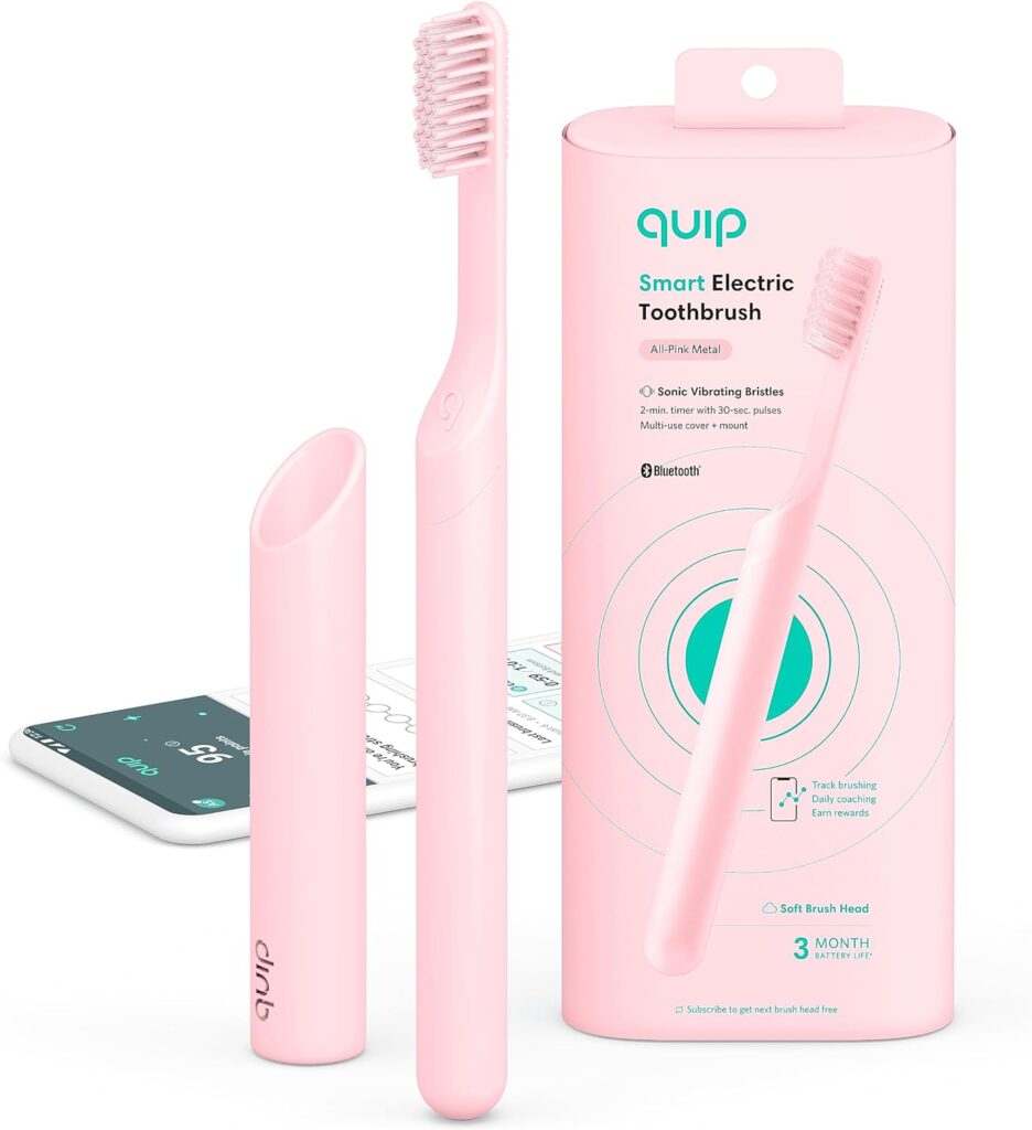 Quip Smart Sonic Toothbrush for Adults – Timed Electric Toothbrush with Bluetooth & Rewards App – Replaceable Brush Head, Soft Bristles, Metal Handle, 3 Month Battery Life – Travel Brush – All-Pink