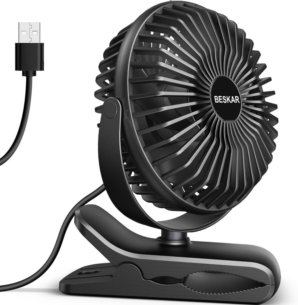 BESKAR Small Clip on Fan, 3 Speeds USB Fans with Strong Airflow, Clip & Desk Fans USB Plug in with Sturdy Clamp – Ultra Quiet operation for Office Dorm Bedroom Stroller
